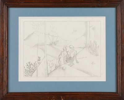 l'image d'un dessin représentant un homme et une femme assis sur un banc