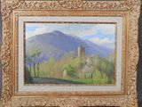 an oil painting of a mountain scene with a castle in the distance