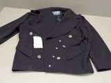 navy blue peale jacket with gold buttons and a tag on the collar