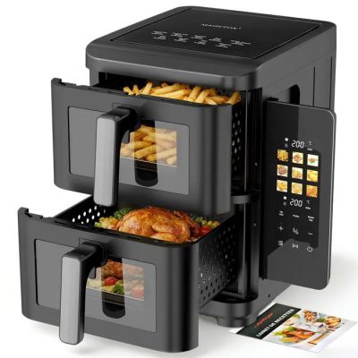 an image of a black air fryer with french fries in it