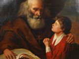 a painting of an old man and a young boy with a skull
