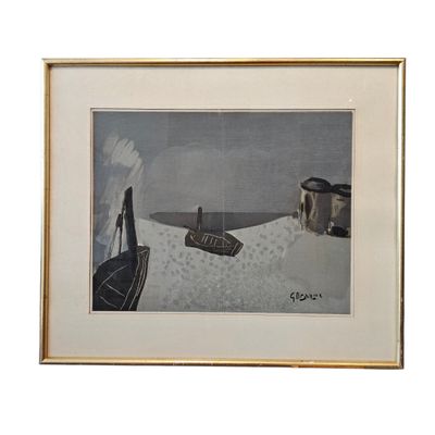 painting of a man standing in the snow next to a small plane