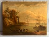 tableau représentant un bateau sur un plan d'eau, avec un château en arrière-plan