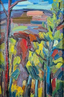 une peinture à l'huile représentant un cheval dans un champ bordé d'arbres