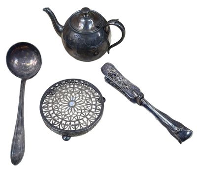 a teapot, spoons, and a teapot on a white background