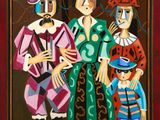 un tableau représentant trois personnes et un enfant, dans un cadre rouge
