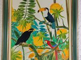 a picture of a painting of two birds on a tree