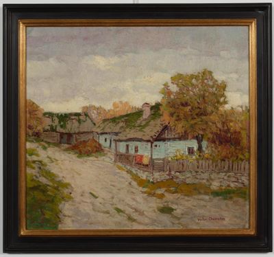 une peinture à l'huile représentant un chemin de terre avec une maison en arrière-plan