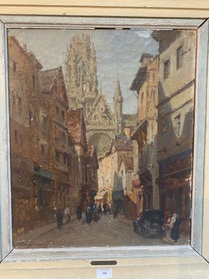 a painting of a city street with a church in the background