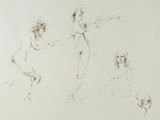 trois croquis représentant une femme et un homme assis sur un canapé