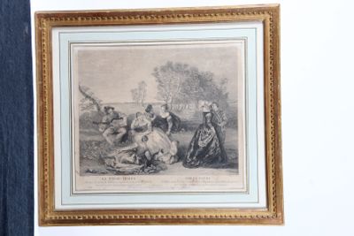 an old picture of a group of people gathered around a dog