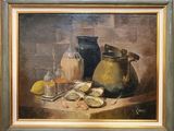 an oil painting of a still life of oysters, lemons and a pitcher
