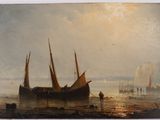 une peinture représentant un bateau sur l'eau, avec d'autres bateaux en arrière-plan