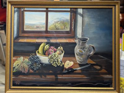Huile sur toile - Nature morte à la corbeille de fruits et à… - Photo 1