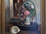 an oil painting of a vase with flowers and a shell on a table