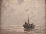 a painting of a boat in the middle of the water