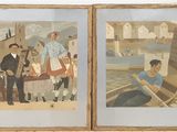 quatre tableaux encadrés représentant des hommes et des femmes, accrochés au mur d'une pièce