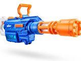 a toy gun with an orange and blue handle on a white background