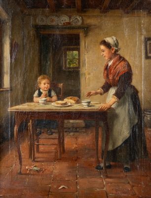 un vieux tableau représentant une femme et un enfant assis à une table