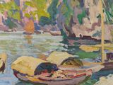 an oil painting of boats on a river with rocks and trees in the background