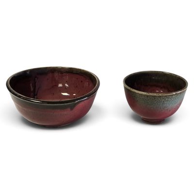 paire de bols rouges et verts à bordure noire sur fond blanc