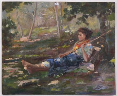 a painting of a woman sitting on a swing in the woods