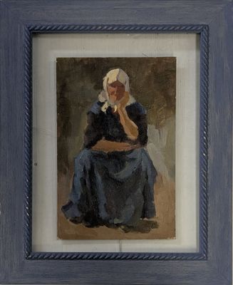 tableau représentant une femme en robe bleue assise sur une chaise