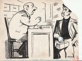 drawing of a man sitting at a table talking to a man in a suit