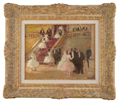 une image représentant un tableau où l'on voit un groupe de personnes descendant un escalier