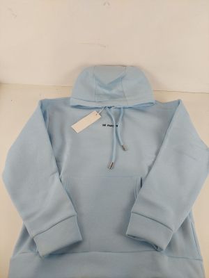 blue hoodie with a white tag on the front of it