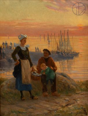 painting of a woman and a man with a child on a rocky shore