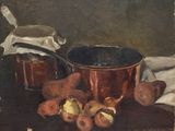 une peinture à l'huile représentant un pot et des légumes posés sur une table