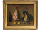tableau représentant une nature morte composée d'un poulet, de citrons et d'une bouteille de vin