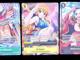 three cards of different anime characters are shown on a black background