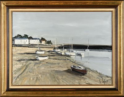 un tableau représentant des bateaux sur la rive, au bord de l'eau
