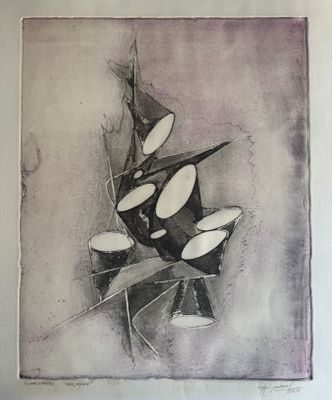 un dessin en noir et blanc représentant un vase orné de cercles blancs