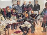 a painting of a group of men sitting around a table