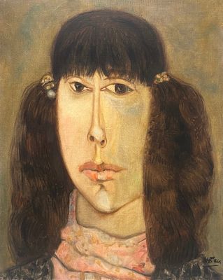 un tableau représentant une femme aux cheveux longs portant un foulard rose