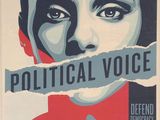 affiche politique représentant une femme tenant un morceau de papier devant son visage