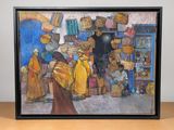 un tableau représentant une femme vendant des paniers sur un marché