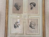 four framed pictures of men ' s heads on the wall