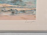 an image of a painting of a beach scene with a boat in the water
