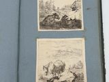 an open book with drawings of animals and people in a landscape