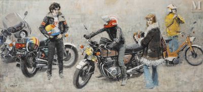 a painting of a group of bikers on a wall