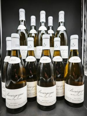 Des bouteilles de vin blanc sont alignées sur une table noire