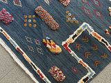 a close up of a blue rug with different designs on it