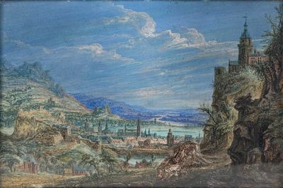 an image of a painting of a landscape with a castle in the distance