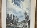 tableau encadré représentant une scène fluviale avec un pont et une église