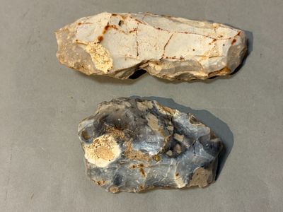 two rocks that are sitting on a table
