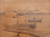 une image d'un tableau représentant un bateau sur l'eau